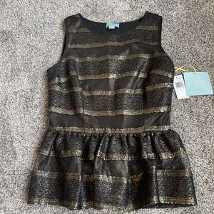 Cece Cynthia Steffe Black Gold Metallic Lined Jubilee Gems Peplum Top Sz 4 NWT